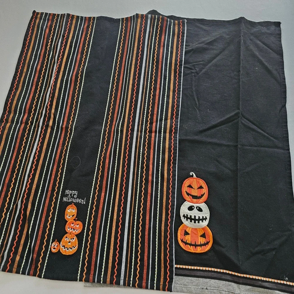 DII Halloween Kitchen Towels Set of 2 Black Striped Embroidered Pumpkins Cotton